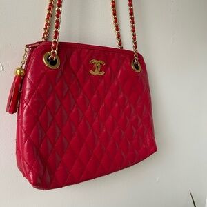 Chic Red  Leather Quilted Women's Bag